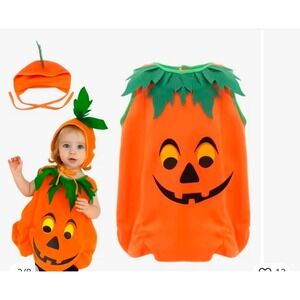Halloween Pumpkin Cosplay Costume Toddler 3T Jack-O-Lantern Tunic Hat Set 110
